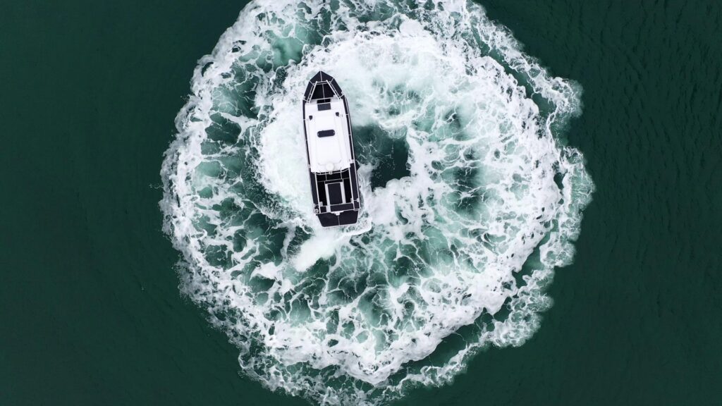 An aerial view of our aluminum patrol boat on the water