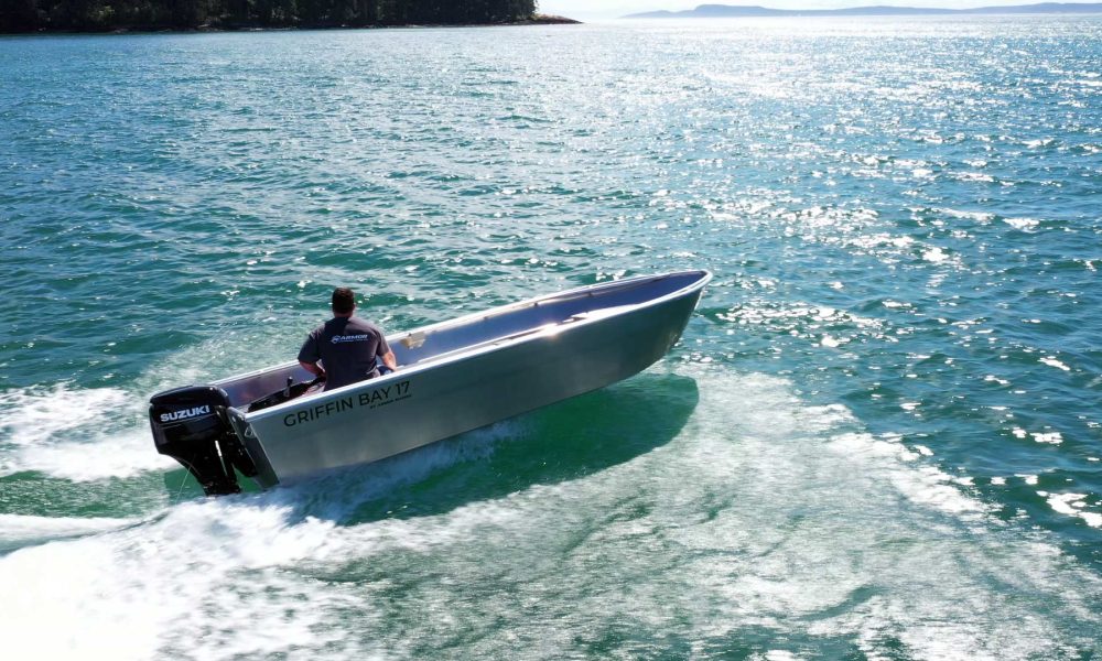 Our Griffing Bay Aluminum Skiff Boat cruising through the water